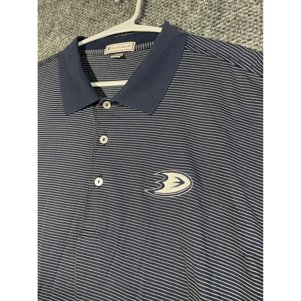 Peter Millar Mens XL Navy White Striped Anaheim Ducks Cotton Polo Shirt NHL